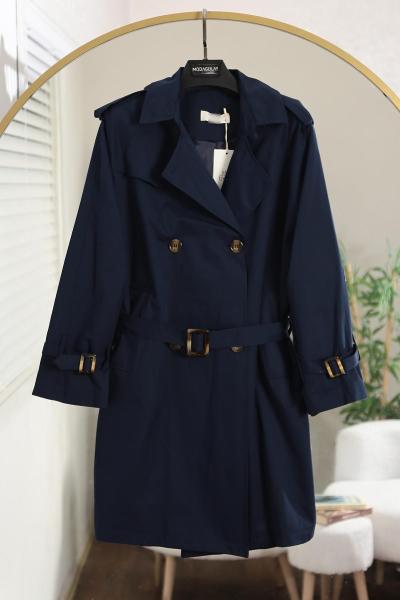 Kuşağı Kolu Tokalı Dört Düğmeli Trençkot Lacivert