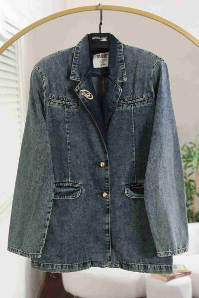 Düğmeli Klasik Blazer Kot Ceket Koyu Mavi