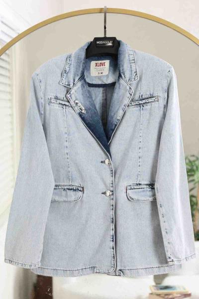 Düğmeli Klasik Blazer Kot Ceket Kar Yıkama