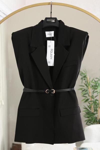 Deri Kemerli Cep Kapaklı Vatkalı Dabıl Yelek Siyah