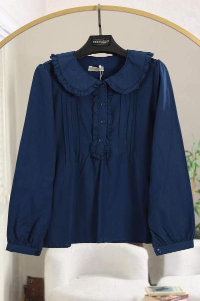 Patı Fırfırlı Nervürlü Kısa Poplin Gömlek Lacivert