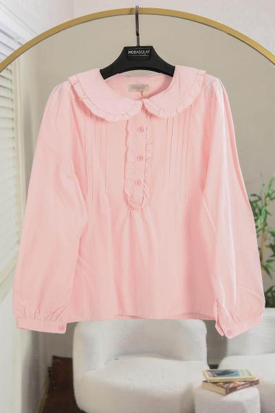 Patı Fırfırlı Nervürlü Kısa Poplin Gömlek Pembe