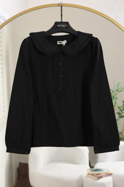 Patı Fırfırlı Nervürlü Kısa Poplin Gömlek Siyah