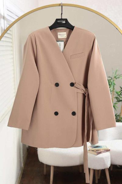 Dört Düğmeli V Yaka Yandan Bağlamalı Dabıl Ceket Vizon