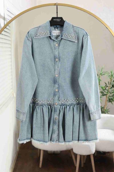 Yaka Ve Önü Taş Detaylı Büzgülü Kot Ceket Açık Mavi