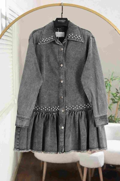 Yaka Ve Önü Taş Detaylı Büzgülü Kot Ceket Antrasit