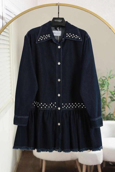 Yaka Ve Önü Taş Detaylı Büzgülü Kot Ceket Koyu Mavi