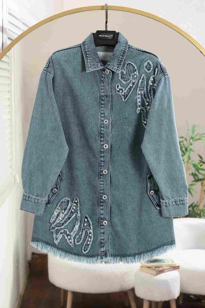 Arkası Ve Önü Taş Detaylı Püsküllü Kot Ceket Açık Mavi