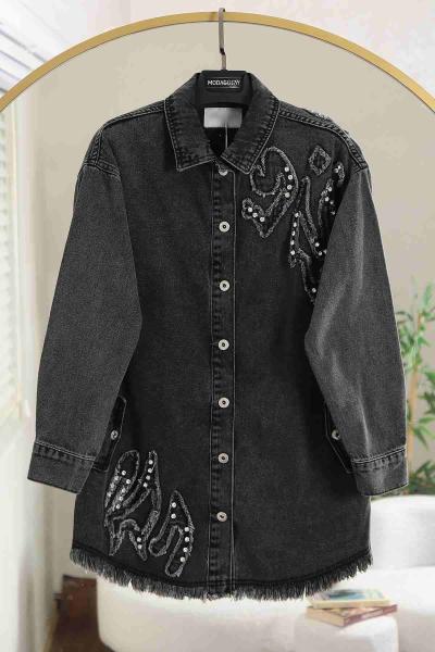 Arkası Ve Önü Taş Detaylı Püsküllü Kot Ceket Gri