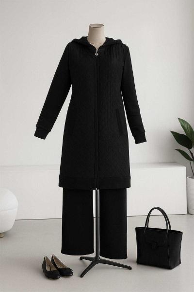 Kapitone Yelekli Üçlü İki İplik Pantolonlu Takım Siyah