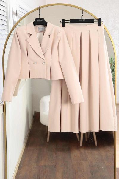 İnci Düğme Yırtmaçlı Eteği Pileli Dabıl Takım Bej