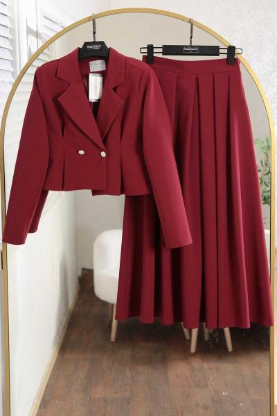 İnci Düğme Yırtmaçlı Eteği Pileli Dabıl Takım Bordo