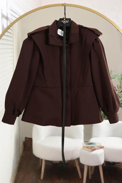 Vatkalı V Bantlı İnce Kemerli Dabıl Ceket Kahve