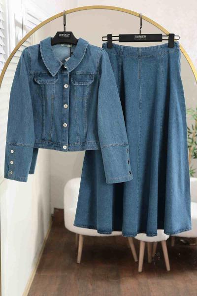 Metal Düğmeli Etekli Kot Takım Mavi