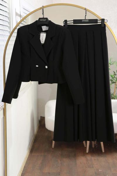 İnci Düğme Yırtmaçlı Eteği Pileli Dabıl Takım Siyah