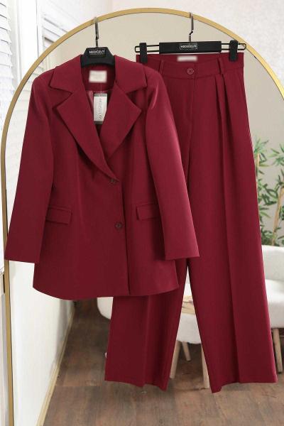 Çift Düğmeli Dabıl Pantolonlu Takım Bordo