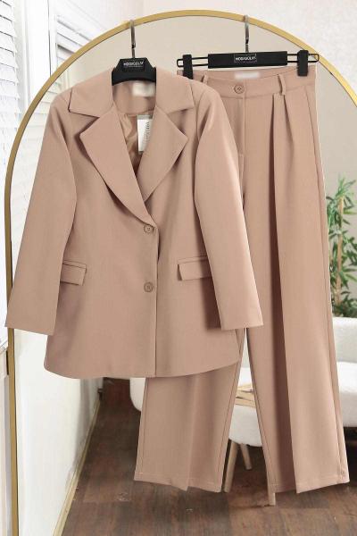 Çift Düğmeli Dabıl Pantolonlu Takım Vizon