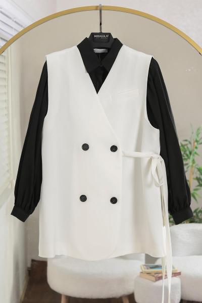 4 Düğmeli Floto Cep Detay Bağlamalı Dabıl Yelek Ekru