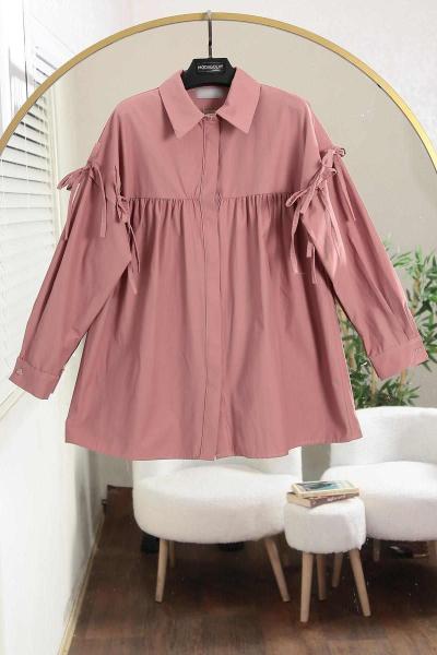 Kolları Bağlamalı Büzgülü Poplin Gömlek Gül