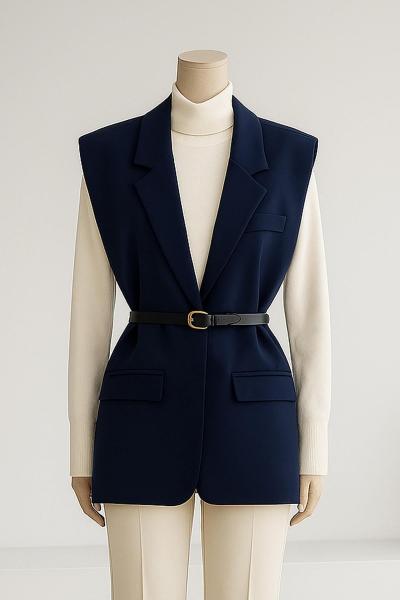 Deri Kemerli Vatkalı Dabıl Yelek İndigo