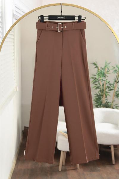 Beli Kemerli Bol Paça Pantolon Açık Kahve
