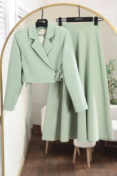 Yanı Bağlamalı Kısa Ceket Çan Etekli Dabıl Takım Açık Yeşil