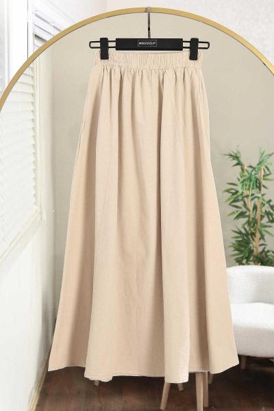 Beli Lastikli Çift Cepli Gabardin Etek Bej