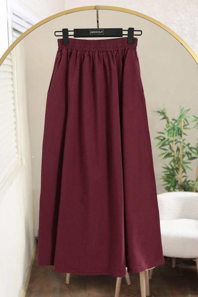 Beli Lastikli Çift Cepli Gabardin Etek Bordo
