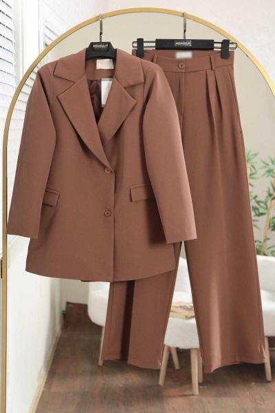 Çift Düğmeli Dabıl Pantolonlu Takım Açık Kahve