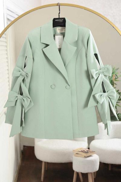 Kolları Fiyonk Detaylı Çift Düğmeli Dabıl Ceket Açık Yeşil