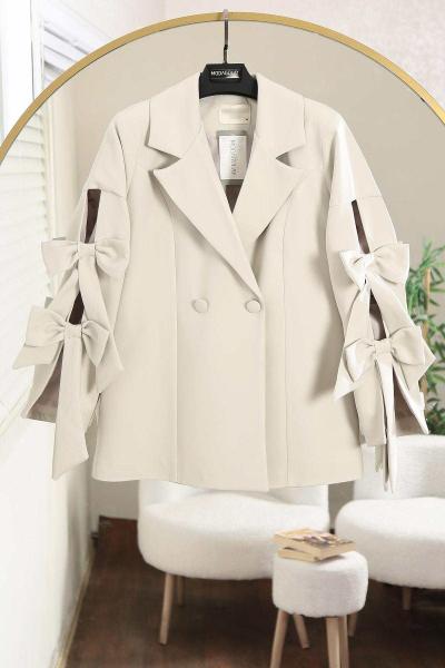 Kolları Fiyonk Detaylı Çift Düğmeli Dabıl Ceket Taş