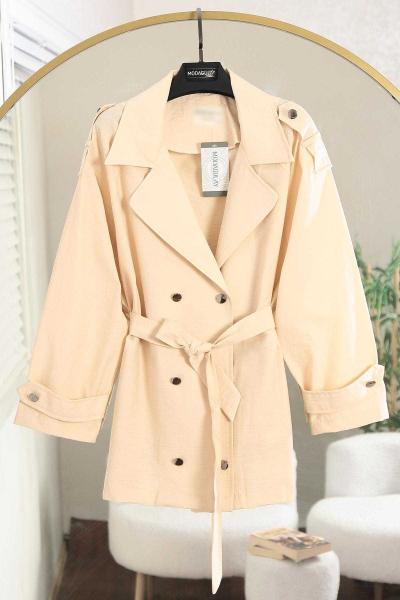 Apoletli Kolu Bantlı Altı Düğmeli Kısa Vespa Trenç Bej