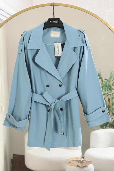 Apoletli Kolu Bantlı Altı Düğmeli Kısa Vespa Trenç Mavi