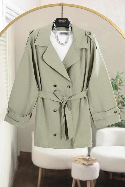 Apoletli Kolu Bantlı Altı Düğmeli Kısa Vespa Trenç Mint