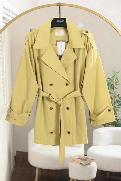 Apoletli Kolu Bantlı Altı Düğmeli Kısa Vespa Trenç Olive