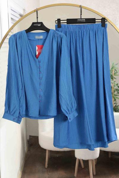 V Yaka Biritli Eteği Lastikli Çilek Takım Saks