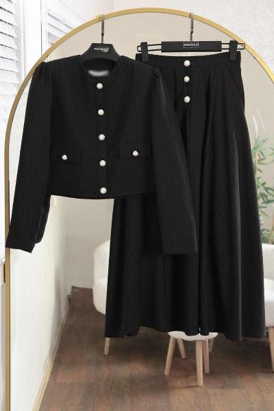 Çift Cepli İnci Düğmeli Etekli Takım Siyah