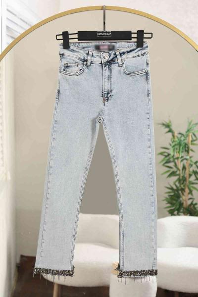 Paçaları Kemerli Kot Pantalon Kar Yıkama