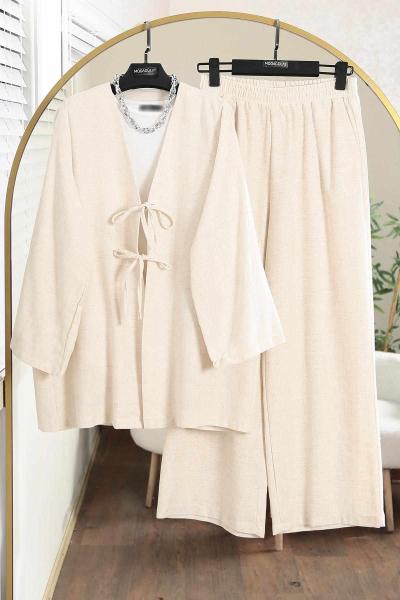 İki Bağlamalı V Yaka Pantolonlu Eslem Keten Takım Natural