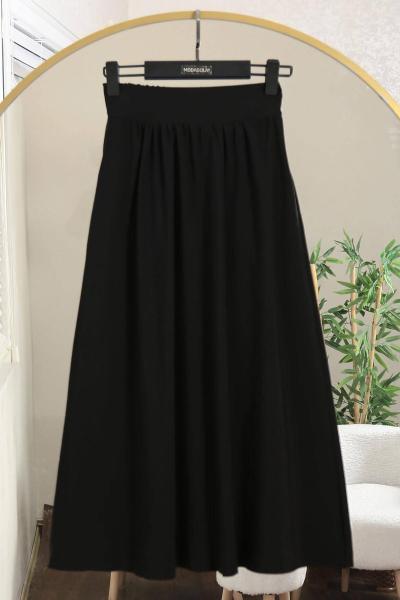 Beli Lastikli Büzgülü Tesla Modal Etek Siyah