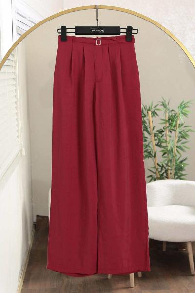 Beli Lastikli Tokalı Pileli Modal Pantolon Bordo