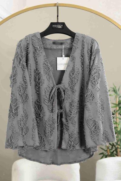 Çift Bağlamalı Kesik Detaylı Oversıze Kimono Füme