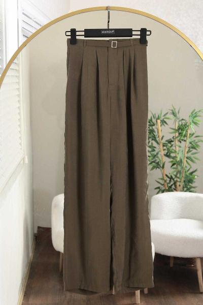 Beli Lastikli Tokalı Pileli Modal Pantolon Haki