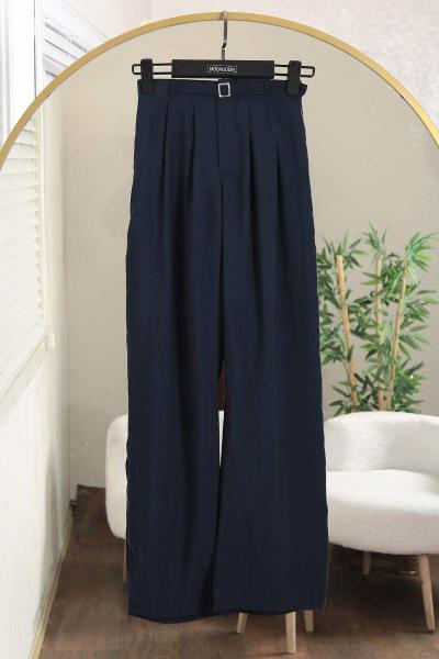 Beli Lastikli Tokalı Pileli Modal Pantolon Lacivert