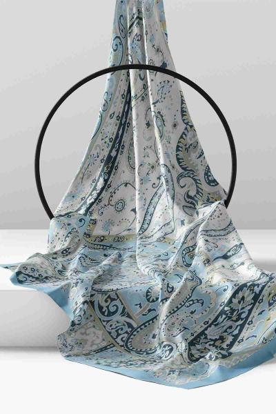 Çiçek Zinciri Desenli Hint Şal Mavi