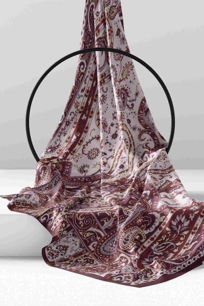 Çiçek Zinciri Desenli Hint Şal Bordo Ekru