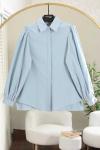 Omuzu Pileli Balon Kollu Poplin Gömlek Buz