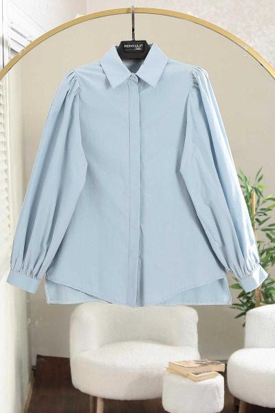 Omuzu Pileli Balon Kollu Poplin Gömlek Buz