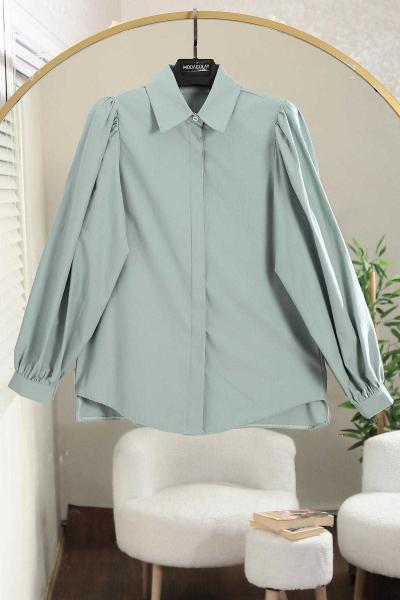 Omuzu Pileli Balon Kollu Poplin Gömlek Mint