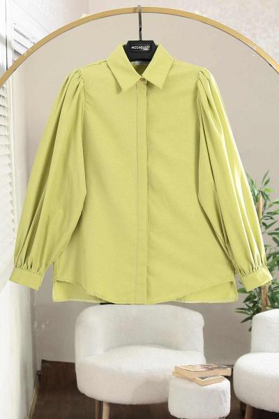 Omuzu Pileli Balon Kollu Poplin Gömlek Fıstık